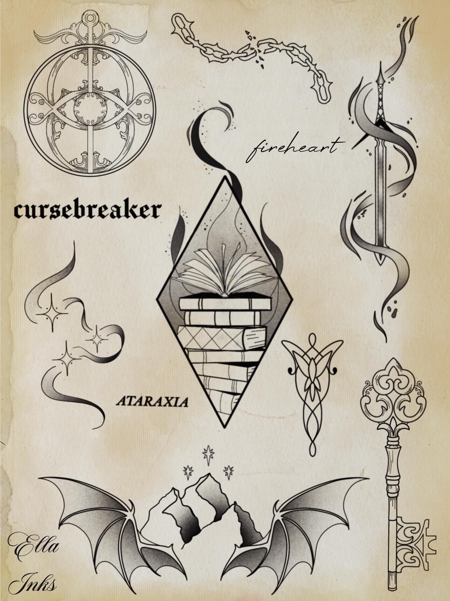 Fantasy flash sheet on aged parchment: an ornate eye medallion, a flaming sword, a stack of books in a diamond frame, an ornate key, and bat wings framing mountains