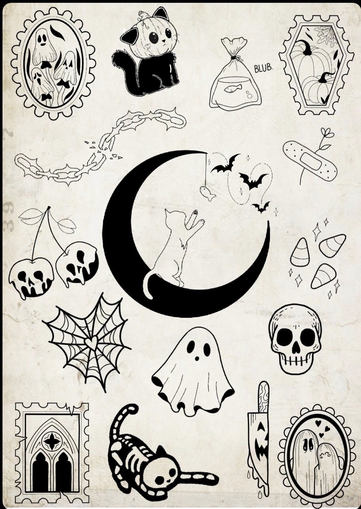 Halloween flash sheet: a cat perched on a crescent moon fishing for a bat, framed ghosts, poison cherries, candy corn, a spiderweb with a heart, and a skeleton cat