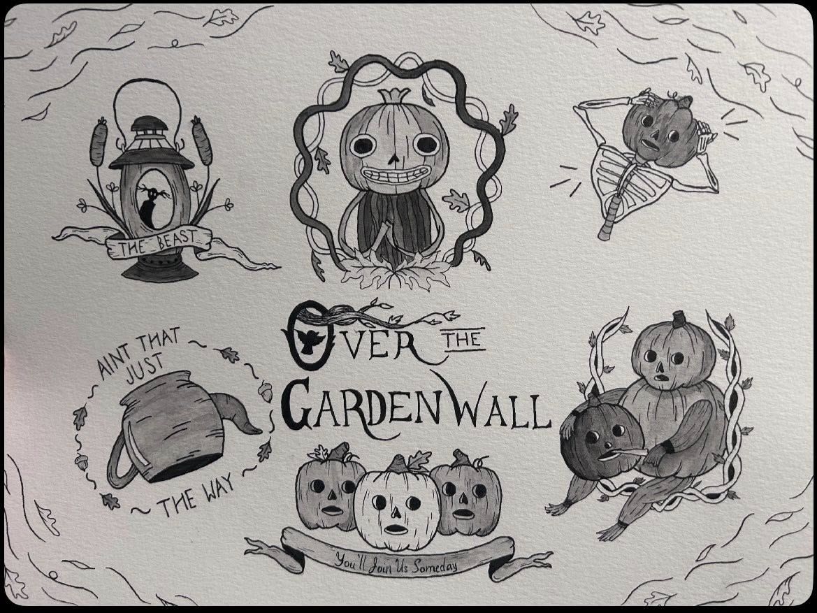 Over the Garden Wall flash sheet in ink wash: a lantern labelled "The Beast", grinning pumpkin figures, a tipped teapot, and three pumpkins above a banner reading "You'll Join Us Someday"