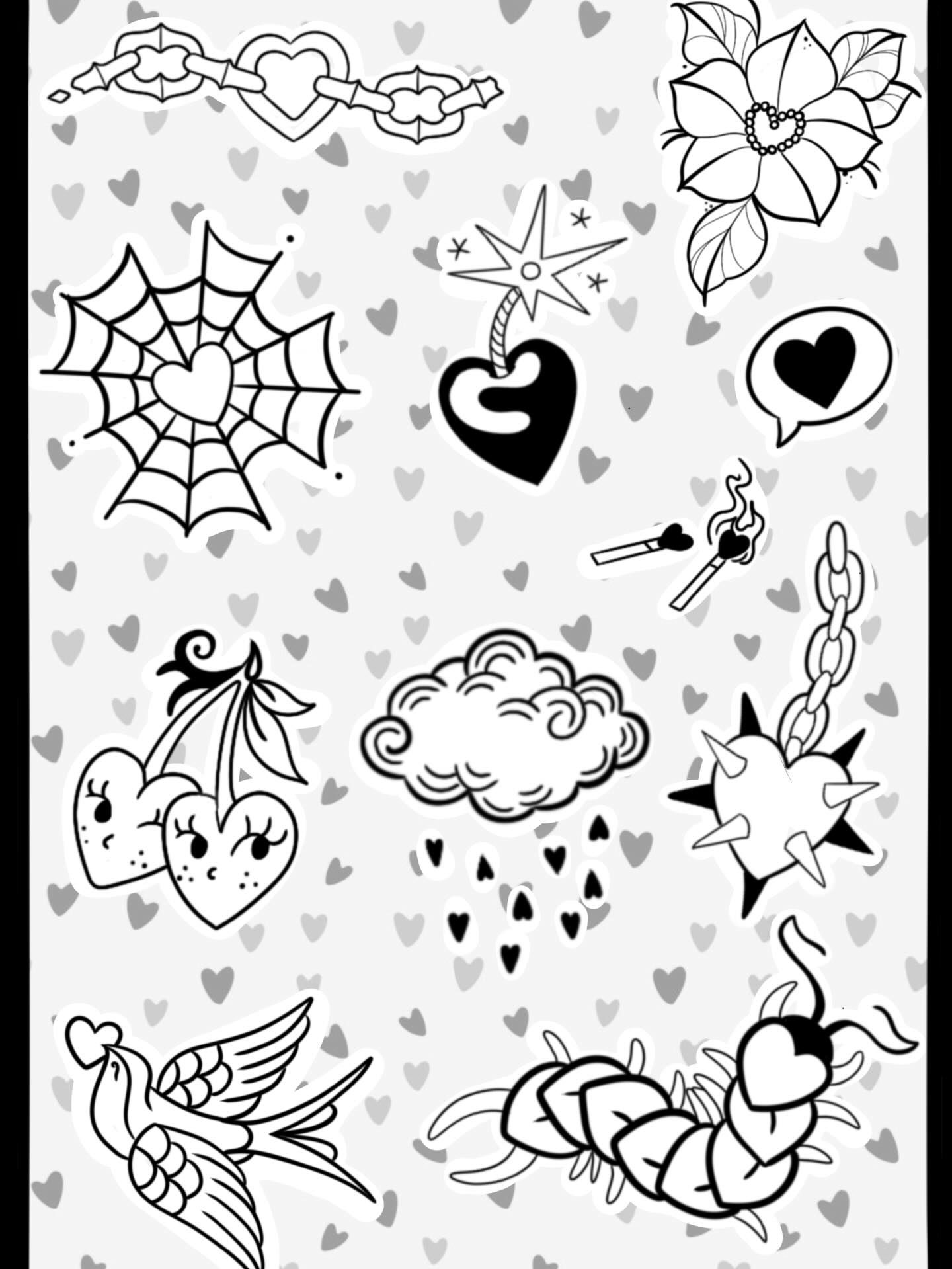 Valentine flash sheet: a heart chain, a spiderweb with a heart, a heart bomb, cherry hearts with faces, a cloud raining hearts, a swallow, and a heart-segmented centipede