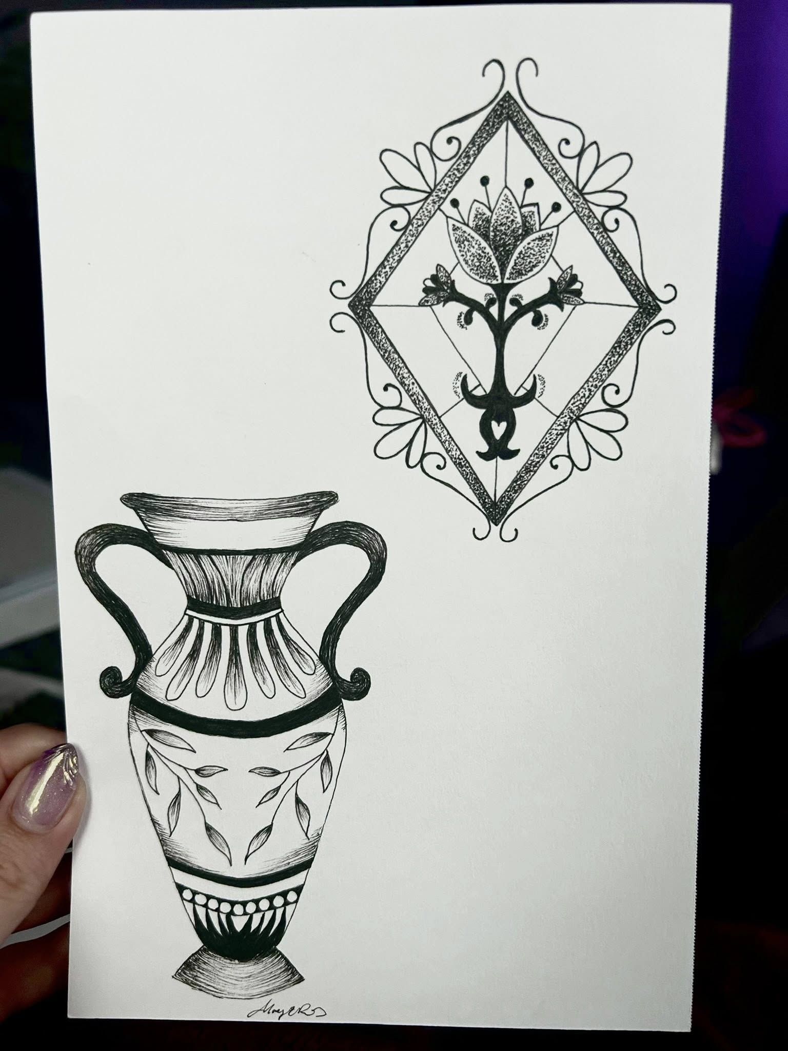 Pen-and-ink drawing of an ornate two-handled vase with leaf motifs, below a stippled diamond frame containing a flowering plant